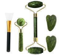 5 Pieza Rodillo de Jade Gua Sha Jade Autentico Jade Roller Facial Guasha Para el Masaje Facial Kit Rodillo Para Ojos, Cara, Cuello Herramientas de Belleza para el Rostro