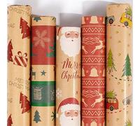 5 Piezas 300 * 43cm Papel Regalo, Wrapping Paper Christmas, Rollo Papel Regalo Navidada, con Motivos Como Papá Noel, Árboles de Navidad y Renos, para Envolver Regalos