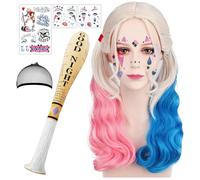 5 Piezas Accesorio Disfraces Reina Payasa con Tatuajes Temporales, Peluca Rosa Azul, Bate de Béisbol Inflable, Halloween Cosplay Set para Carnaval, Fiesta de Halloween (B)