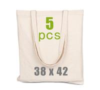 5 Piezas Bolsa Tote Bag, Bolsas de Tela 38x42cm, Bolsa de Lona Con Asas Largas 70cm, Lavable reutilizable, Ideal para bolsa Compra, para Ropa, Colegio, Alimentos, Verduras, Manualidades, Pintar