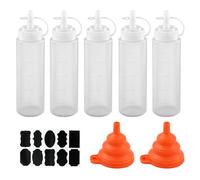 5 Piezas Botella Salsa Exprimible Plastico Transparente, Dispensador Ketchup y Mostaza Squeeze Bottle 250ml,con 2PCS Embudos,Etiquetas de Tarro para Condimentos