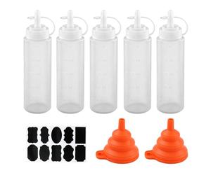 5 Piezas Botella Salsa Exprimible Plastico Transparente, Dispensador Ketchup y Mostaza Squeeze Bottle 250ml,con 2PCS Embudos,Etiquetas de Tarro para Condimentos