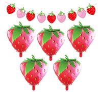 5 piezas de globos de fresa, 1 pieza de bandera de fresa, globos con forma de fresa, decoración temática de fresa, globos de película de aluminio de fresa