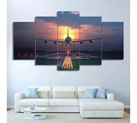 5 piezas de lienzo de arte de pared,5 piezas lienzo Imagen de aterrizaje de avión Luces de puesta de sol,Cuadros Decoracion Salon 5 Piezas Cuadro Moderno XXL,5 Piezas Cuadro sobre Lienzo 150x80cm