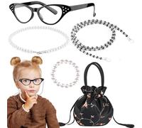 5 Piezas Disfraz de Anciana Kit con Bolsa de Bordado, Collar de Perlas Mujer, Pulsera de Perlas Mujer, Abuela Gafas, Cadena de Gafas, para el Juego de Roles de La Fiesta de Disfraces de Halloween (B)