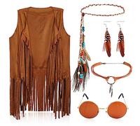 5 Piezas Disfraz Hippie Años 60 70 para Mujer, con Borla Chalec Disfraces Hippies Gafas de Sol Collar Aretes Diadema Tejida con Plumas Accesorios Disfraz de Hippie (XXXL)