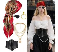 5 Piezas Disfraz Pirata Mujer,Accesorios Pirata Mujer, Traje De Piratar, Diademas, Máscaras, Corset Bandana pirata, Collares, etc.Piratas son Adecuados para Juegos de rol de Halloween y Carnaval