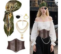 5 Piezas Disfraz Pirata Mujer,Accesorios Pirata Mujer, Traje De Piratar, Diademas, Máscaras, Corset Bandana pirata, Collares, etc.Piratas son Adecuados para Juegos de rol de Halloween y Carnaval