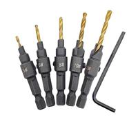 5 Piezas Juego de Brocas Avellanadas, HSS Brocas Ajustable Madera, Cambio Rápido de Vástago Hexagonal de 1/4 Pulgadas, Herramienta de Chaflán de Madera con Llave Hexagonal