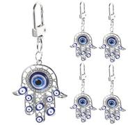 5 piezas Llavero de Ojo Protector Mano de Fátima para Bolso y coche | Aleación y Resina, Color Plata, 7,7x3,5x0,3cm, Diseño de Múltiples Ojos, Colgante Portátil para Decorar Mochilas