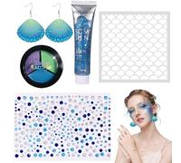 5 Piezas Maquillaje Sirena Set,Pintura Cara Siren Gel Brillo Corporal +Plantillas Maquillaje Facial Siren Gemas para Car Pendientes de Concha,para Año Nuevo Carnaval Fiesta Temática
