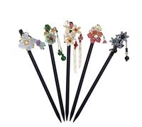 5 Piezas Palitos de Pelo Vintage, Palillos de Pelo Chino Clips de Pelo Horquilla de Madera Horquilla con Adornos de Flores y Borlas para Mujeres y Niñas, para Accesorios de DIY Pelo