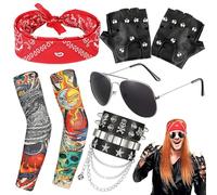 5 Piezas Punk Gothic Rocker Kit, Accesorios De Disfraz De Roca De Metales, Fundas De Mangas De Tatuaje Rockero, Guantes De Punk Negra, Gafas De Sol, Pulseras De Cuero Pu,Para Fiesta Del 70 80 90