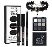 5 Piezas Set Maquillaje Gótico, 3 in 1 Pintalabios Negro Permanente | Paleta de Sombras de Ojos 9 Colores, Joyería Gótica para Mujer, Resistente al Agua, Larga Duración, para Carnaval Halloween