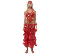 5 Piezas Traje de Danza del Vientre Profesional para Mujer, Conjunto de Accesorios Top y Falda Largas de Gasa para Disfraces India y Fiestas Temáticas, Talla única (Rojo)