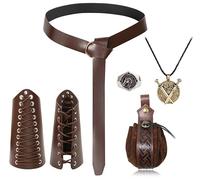 5 Piezas Traje Ropa Medieval Mujer Hombre Disfraz Medieval Vikinga Celta Brazales Medieval Cuero Cinturón Bolsa Collar Anillo Plata Halloween Accesorios Cosplay Piratas Brujas Caballeros Renacentistas