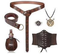 5 Piezas Traje Ropa Medieval Mujer Hombre Disfraz Medieval Vikinga Celta Cinturon Ancho Cuero Cinturón Bolsa Collar Anillo Plata Halloween Accesorios Cosplay Piratas Brujas Caballeros Renacentistas