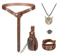5 Piezas Traje Ropa Medieval Mujer Hombre Disfraz Medieval Vikinga Celta Pulsera Cuero Cinturón Bolsa Collar Anillo Plata Accesorios para Halloween Cosplay Piratas Brujas Caballeros Renacentistas