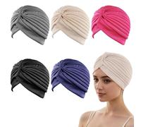 5 Piezas Turbante Africano para Mujer - Gorros de Nudo Pre-Atado Suaves, Pañuelo de Cabeza Plisado para Dormir y Uso Diario