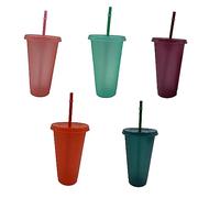 5 Piezas Vasos Plastico de Colores, Vasos para Fiestas, Vasos Plastico Duro Reutilizable con Tapa y Pajita, Inastillable para Fiesta, Parrilla, Cumpleaños, Viajes Familiares 710ml