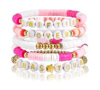 5 Pulseras de la Amistad Coloridas de Arcilla Apilables con Cuerdas Elásticas Para Fanáticos (Rosa)