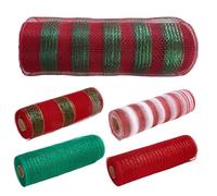5 rollos de malla decorativa de 10 pulgadas, cinta de malla de rayas rojas, blancas y verdes para coronas, árbol de Navidad, decoración de fiesta de invierno, arpillera, pulgadas, decoración de