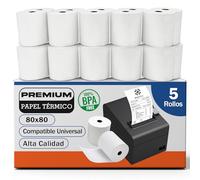 5 Rollos de Papel Térmico Premium 80x80 mm XXL Cia&Co, Alto Gramaje Blanco, BPA Free, Mandril 15 mm, Línea Roja, Compatible TPV POS ePOS, QRs y Códigos de Barras Legibles para VeriFactu y TicketBai