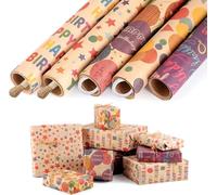 5 Rollos Papel Regalo Cumpleaños, 43cm x 3m Papel de Regalo,Papel de Regalo Rollo Grande con 2 Cinta Adhesiva y 2 Cuerda de Yute, para Decorado, Día De Fiesta, Baby Shower (Marrón, Tipo A)