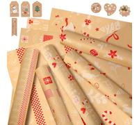 5 Rollos Papel Regalo Navidad - 43cm x 2m Grande Papel Envolver Navidad Bobina con Etiqueta, Vintage Bobina Papel Embalar Navidad Kraft, JieliBon Original Roll Christmas Wrapping Paper para Infantil
