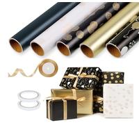 5 Rouleaux Papier Cadeau Set, 43 x 300 cm Papier Cadeau Noir et Or Avec Ruban et Adhésif Double Face,Papier D'emballage de Cadeau Doré pour Noël Anniversaire Mariage Thanksgiving Cadeau de Naissance