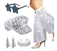 5 sombreros de lentejuelas de los años 70 para accesorios Abba, accesorios de los años 70 para mujer con sombrero de discoteca plateado, gafas, aretes, calentadores de piernas, collar, accesorios de