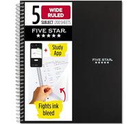 5 Star cuaderno de espiral doble, 5-SUBJECT, 200-count, amplia regla, color negro 10.5"L x 8"W