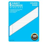 5 Subject Wireless Notebook College Ruled Blue Cover: 500 Numbered Pages with additional Table of Contents for each subject | 250+ Sheets | 8.5 x 11 inches