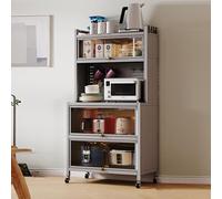 5 Tier Kitchen Bakers Rack con almacenamiento Flip Door Pegboard and Wheels Microwave Stand para platos Ollas de vino y sartenes Modern Gray Finish (80cm/31.4in)