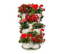 5 Tier Strawberry Planter Tower - Stackable Vertical Growing Pots with Drainage System, Rolling Wheels and Base Tray | Space Saving Garden Planter for Balcony Patio Deck Terrace Vegetables Flowers Her