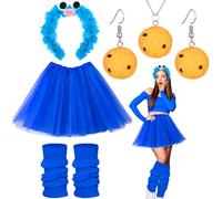 5 unidades de disfraz de monstruo de las galletas para mujer, accesorios con monstruo de las migajas, diadema, galletas, pendientes, collar, azul, falda de tul, calentadores de pierna para adultos,