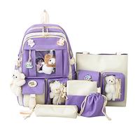 5 unids escuela comienza temporada mujeres niñas estudiante mochila de lona colgante mochila bolso bolso bolsa de bolígrafo bolsa de cordón mono mochilas, morado, Talla única para todos, Mochilas