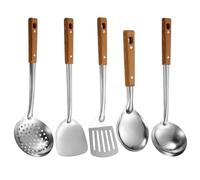 5 utensilios de cocina de acero inoxidable con mango de madera, espátulas, cuchara de arroz, pala, cucharones de sopa, utensilios de cocina