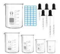5 vasos medidores pequeños de 100 ml, 50 ml, 25 ml, 10 ml, 5 ml, vaso de precipitado con escala de medición, cristal de borosilicato, mini vaso medidor con gotero graduado y etiqueta adhesiva para