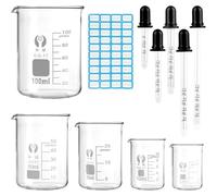 5 vasos medidores pequeños de 100 ml, 50 ml, 25 ml, 10 ml, 5 ml, vaso de precipitado con escala de medición, cristal de borosilicato, mini vaso medidor con gotero graduado y etiqueta adhesiva para