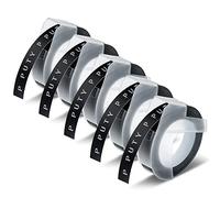 5 x 523809 9 mm Band Kompatibel für Dymo Omega 3D 3/8" Schwarz Etikettenband als Ersatz für Dymo Omega Prägeband Junior Etikettenband Weiß auf Schwarz