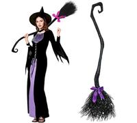50.3''H Witch Broom with 3 Colorful Ribbon, Halloween Witch Brooms, Cosplay Prop Magic Broom, for Halloween Party (Black)