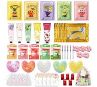 50 accesorios de fiesta de spa para niñas y mujeres, máscaras faciales, crema de manos, bálsamo labial, bomba de baño, máscara de ojos, toalla comprimida, lazos para el cabello, cepillo