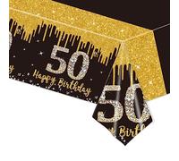 50 aniversario mantel oro negro 137 x 274 cm, impermeable decoración de mesa para hombres y mujeres