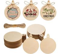 50 bolas de madera de Navidad sin terminar adornos de Navidad redondos de madera en blanco círculos de madera con agujero rebanadas de madera con cordel para etiquetas de regalo de bricolaje,
