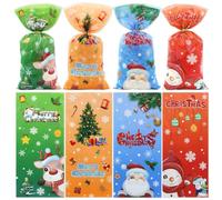 50 bolsas coloridas de celofán con cintas giratorias, bolsas de regalo de Papá Noel, muñeco de nieve, bolsas de regalo de Navidad para niños