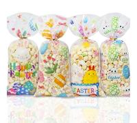 50 bolsas de celofán de Pascua, 4 estilos surtidos de huevos de Pascua, conejito de pollito, flores, bolsas de dulces con lazos trenzados para niños, fiesta de cumpleaños, suministros de fiesta de