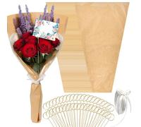 50 bolsas de flores para ramos, 22 x 14 pulgadas, papel de regalo floral kraft con 50 púas y cintas para tarjetas florales, para San Valentín, día del profesor, graduación, cumpleaños, suministros de