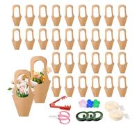 50 bolsas de papel kraft de 16.5 pulgadas con asa, kit de suministros de envoltura de regalos de floristería que incluye cinta de encaje decorativa, cinta floral, tijeras para arreglos florales, bodas