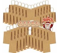 50 bolsas de papel pequeñas con asas, tamaño A5, 130 g, bolsas de papel kraft gruesas para fiestas, incluye etiquetas para fiestas de cumpleaños, bodas, compras, minoristas (A-Brown)